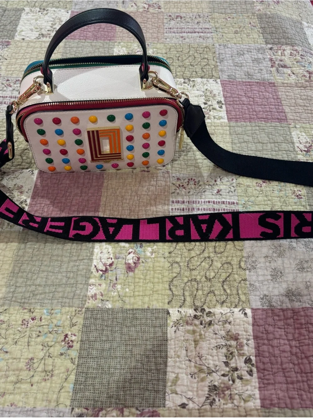 White Multicolor Studded Crossbody Bag with Top Handle